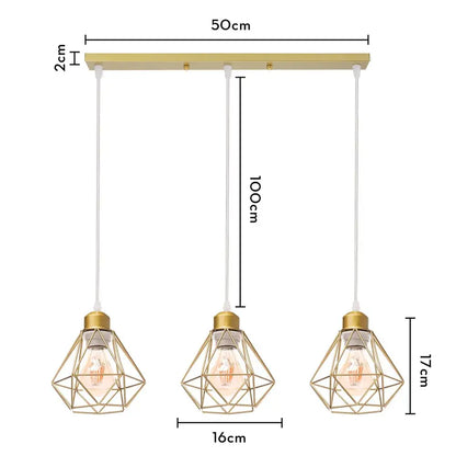 Modern gold iron frame pendant chandelier featuring three diamond-shaped cages with exposed filament bulbs for decorbites iron frame lighting