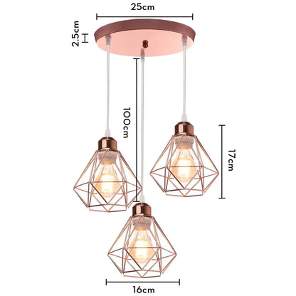 Rose gold modern decorbites iron frame pendant chandelier with three diamond cage bulbs for kitchen lighting decor