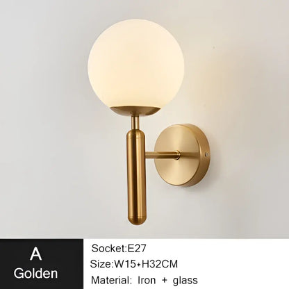 Modern gold iron led sconce lamp with frosted glass shade and brass-finished iron arm for bedroom decorbites iron led