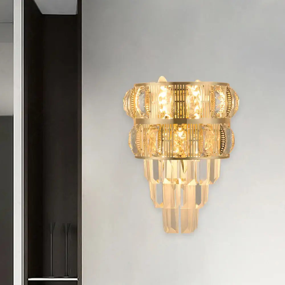 Modern gold k9 crystal wall lamp with clear k9 crystal tiers and geometric cutouts for living room lighting type