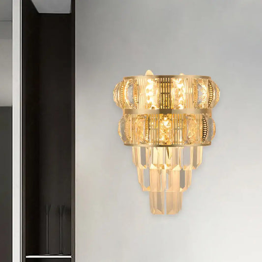 Modern gold k9 crystal wall lamp with clear k9 crystal tiers and geometric cutouts for living room lighting type