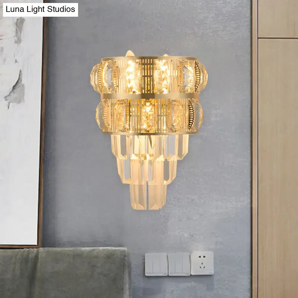 Modern gold wall lamp with clear k9 crystal tiers and layered design for elegant living room decor inch fixture