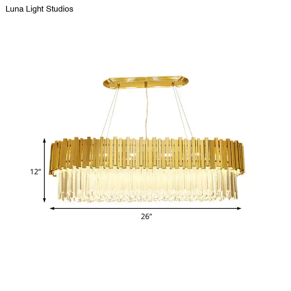 Modern gold layered metal chandelier hanging light with vertical metallic bars and cascading crystal prisms for dining room