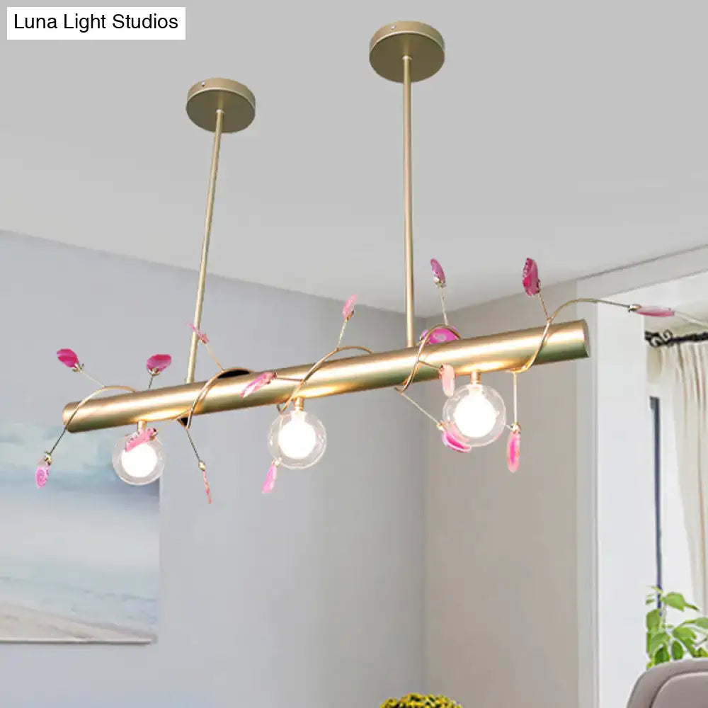 Decorbites™ contemporary 3-light ceiling pendant with gold-toned frame, pink crystal accents, and spherical glass bulbs for 110v-120v and 220v-240v