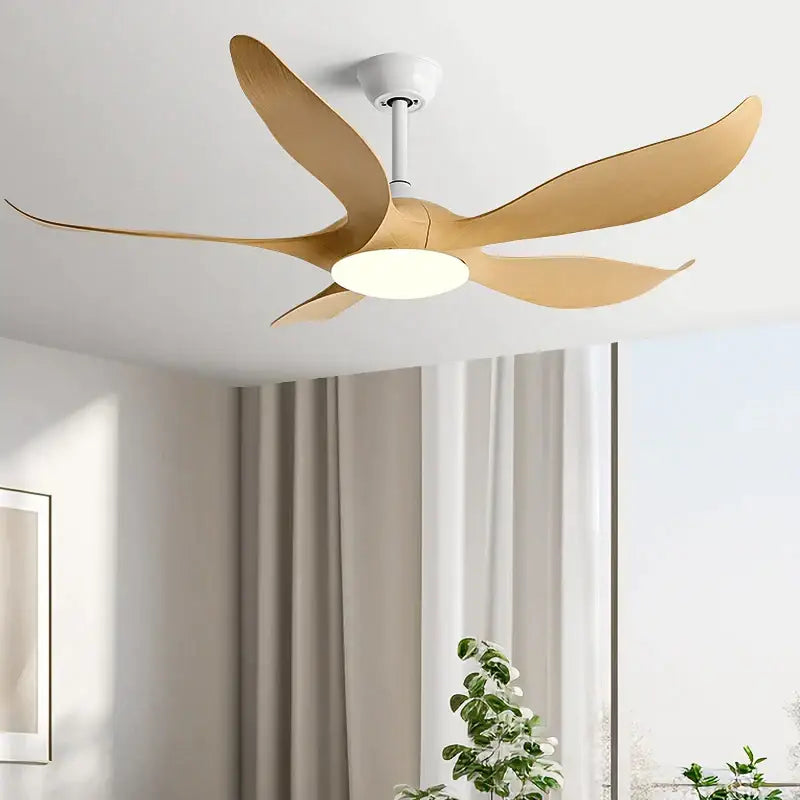 Modern gold leaf ceiling fan with five golden-brown wooden blades and led light with remote control for bedroom use
