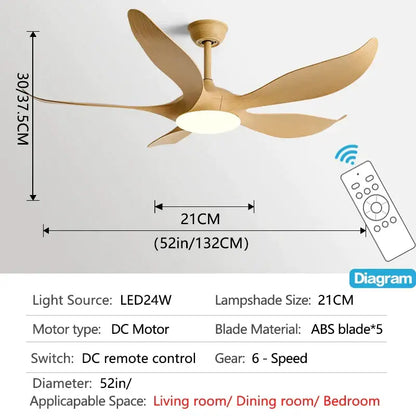 Modern gold leaf ceiling fan with five sleek light brown abs blades and central led light with remote control for bedroom
