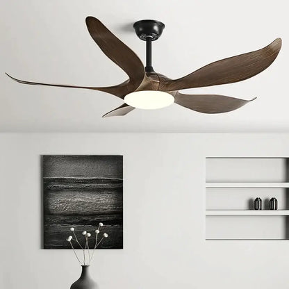 Modern gold leaf ceiling fan with five dark wood blades, frosted glass led light, and remote control for bedroom use