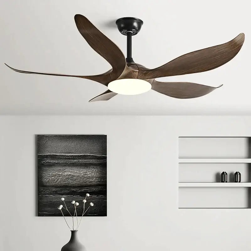Modern gold leaf ceiling fan with five dark wood blades, frosted glass led light, and remote control for bedroom use
