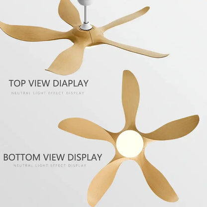 Modern gold leaf ceiling fan with five light wood finish blades led light and remote control for bedroom use