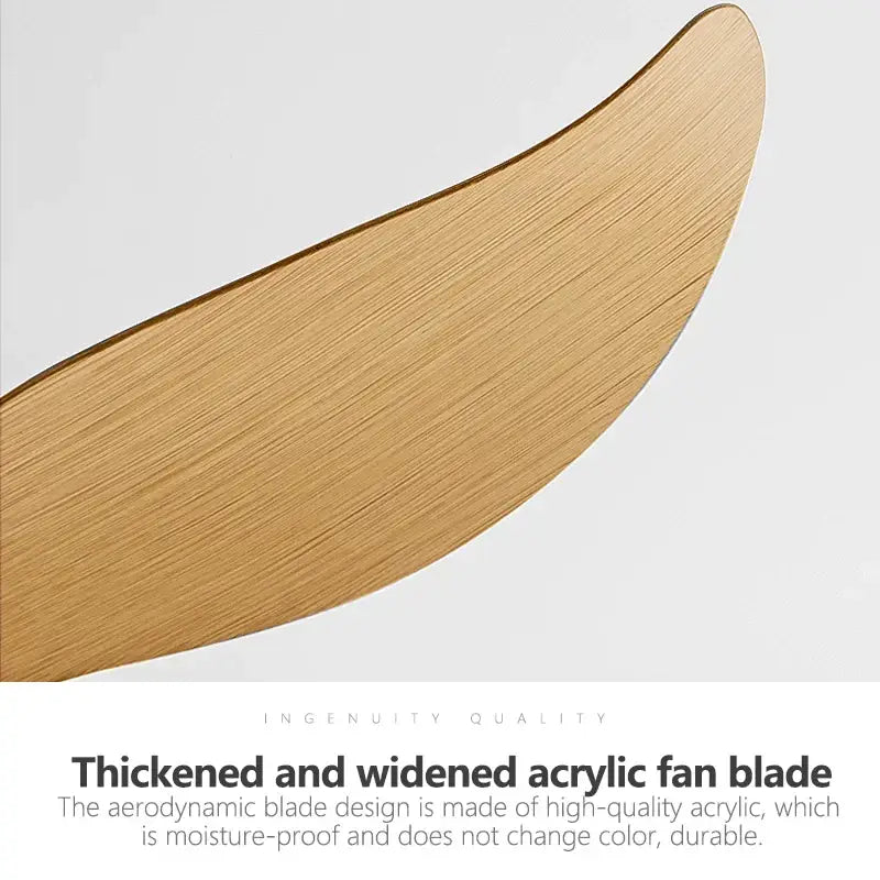 A sleek golden-brown acrylic ceiling fan blade with brushed finish and aerodynamic curve for led light remote control use