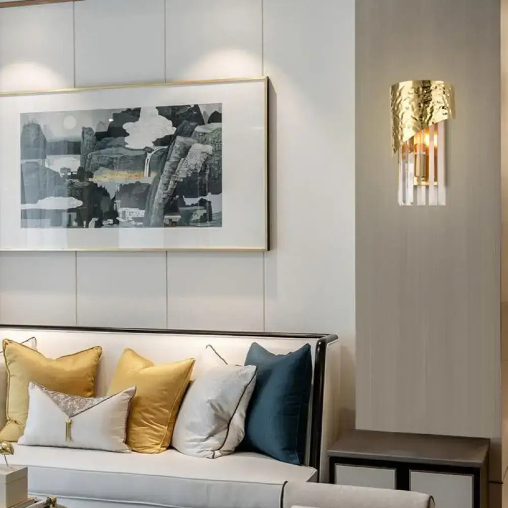 Modern gold leaf wall sconce with clear crystal block prisms designed for living room led light 110v-120v 220v-240v use