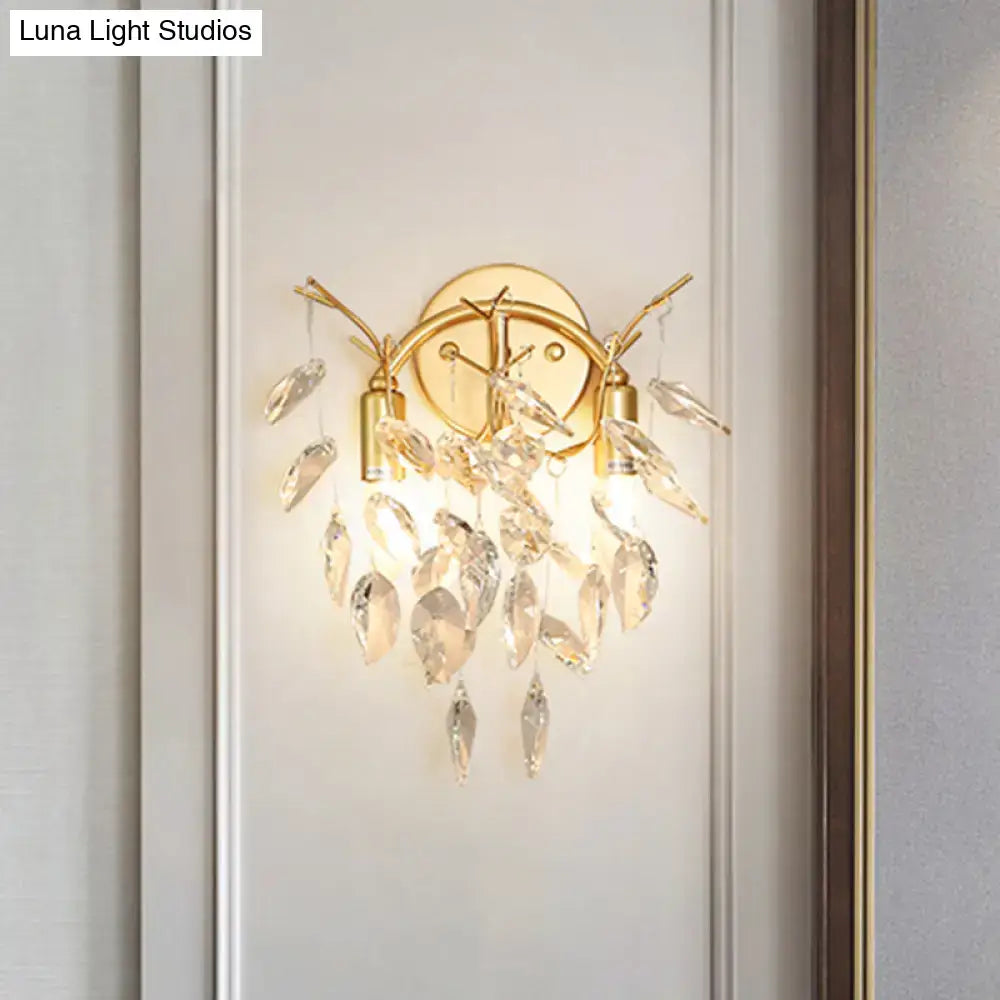 Modern gold leaf wall lamp with beveled crystal and cascading clear crystal leaves for living room 110v-120v