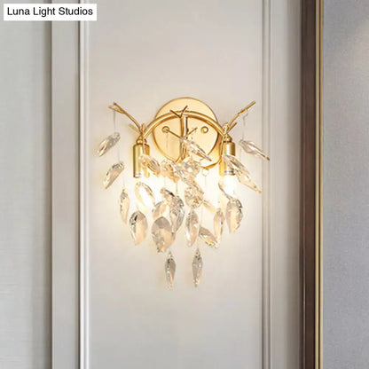 Modern gold leaf wall lamp with beveled crystal and cascading clear crystal leaves for living room 110v-120v