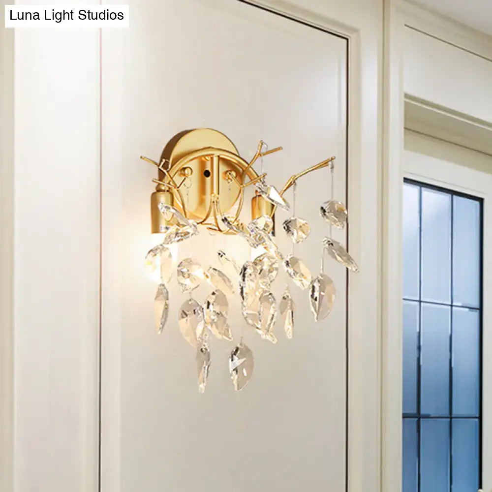 Modern gold wall lamp with beveled crystal leaf accents in gold tone for living room 220v-240v use