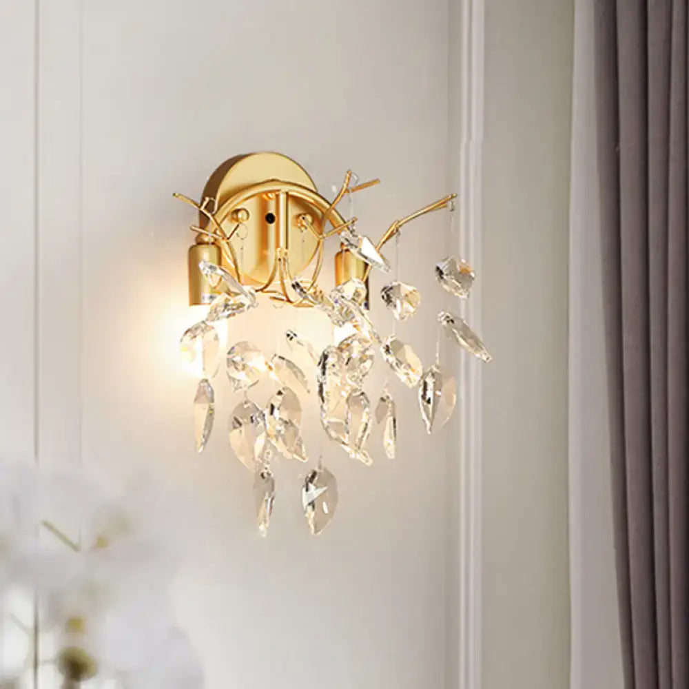 Modern gold leaf wall lamp with beveled crystal and branch design wall sconce for 110v-120v living room lighting