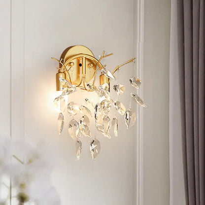 Modern gold leaf wall lamp with beveled crystal and branch design wall sconce for 110v-120v living room lighting