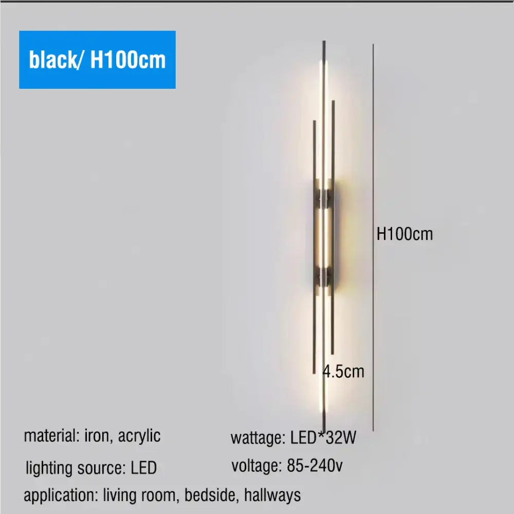 Black modern led wall sconce with three vertical iron and acrylic rods 100cm tall for decorbites led long liner wall use