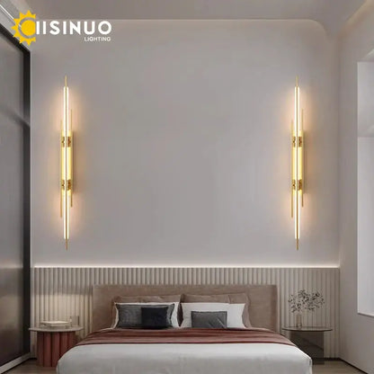 Modern gold led long liner wall sconce with vertical led strips and minimalist metal frame for living room decorbites led long lighting