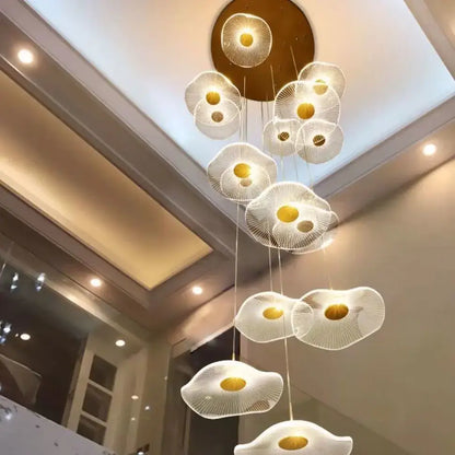 Modern decorbites gold led lotus chandelier with white petal lights and bronze mount for staircase and dining room decor