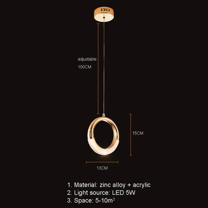 Modern gold led pendant light with zinc alloy and acrylic ring design, adjustable 100cm hanging length for dining room decorbites gold led