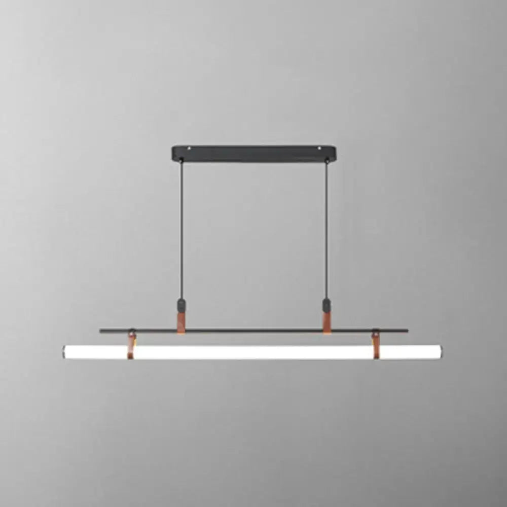 Modern black and copper pendant light with white led tube suspended by cords for dining room lighting