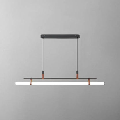 Modern black and copper pendant light with white led tube suspended by cords for dining room lighting