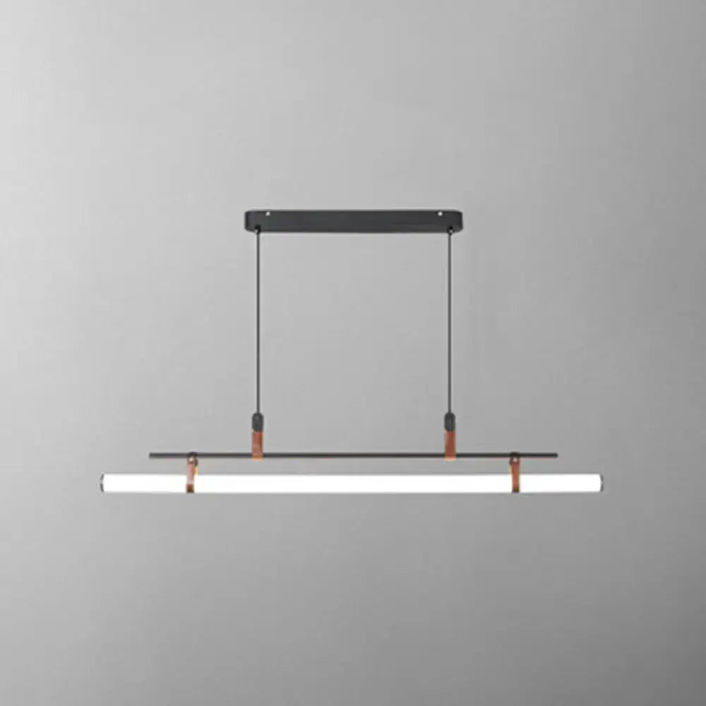 Modern black metal pendant light with copper leather straps and white led bar for dining room illumination