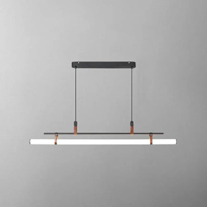 Modern black metal pendant light with copper leather straps and white led bar for dining room illumination