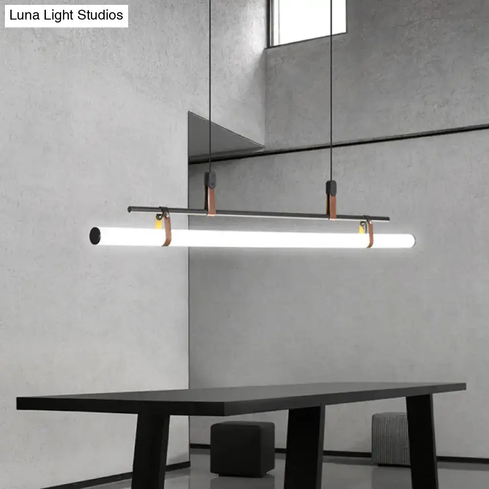 Modern gold led pendant light with leather and copper accents featuring an illuminated white tube for dining room