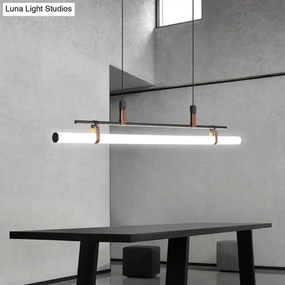 Modern gold led pendant light with leather and copper accents featuring an illuminated white tube for dining room