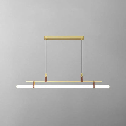 Modern gold led pendant light with sleek metal frame and brown leather straps for dining room use