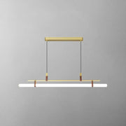 Modern gold led pendant light with leather accents and illuminated white strip for dining room use