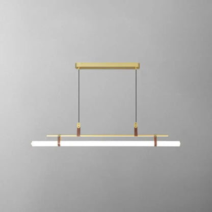 Modern gold led pendant light with leather accents and illuminated white strip for dining room use