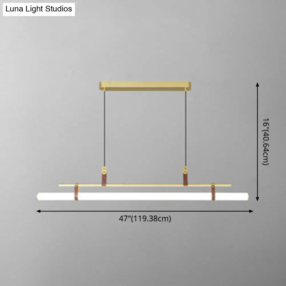 Modern gold led pendant light with leather accents and white led strip designed for dining room illumination
