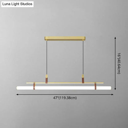 Modern gold led pendant light with leather accents and white led strip designed for dining room illumination