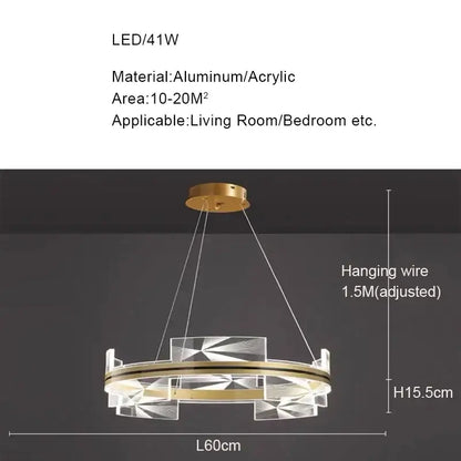 Modern gold led pendant chandelier with circular aluminum frame and clear acrylic panels for dining room decorbites gold led