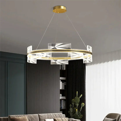 Modern gold led pendant lights crystal chandelier with gold-toned metal frame and clear geometric panels for dining room decorbites gold led
