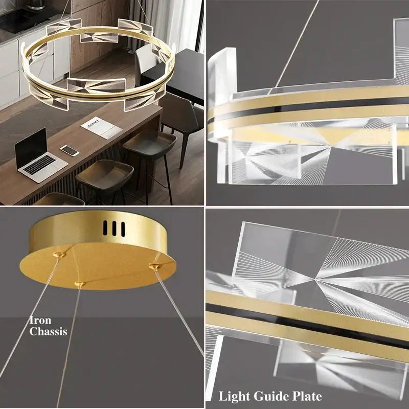 Modern gold led pendant lights featuring a geometric chandelier with gold-finished iron and clear acrylic plates