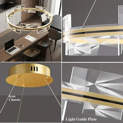 Modern gold led pendant lights featuring a geometric chandelier with gold-finished iron and clear acrylic plates