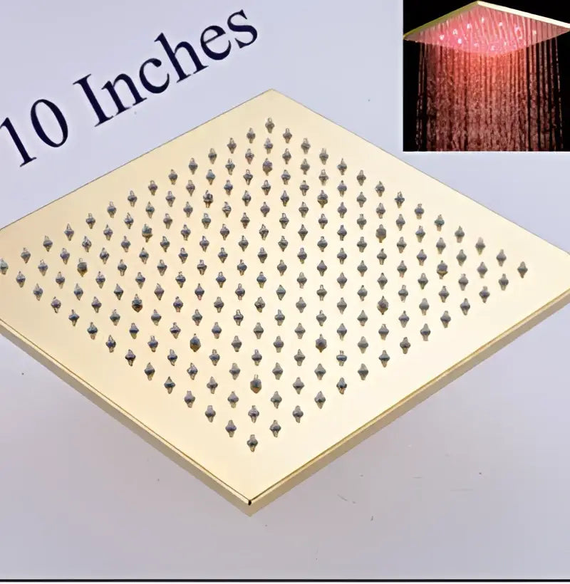Modern gold led rainfall shower head with 10-inch square diamond-patterned surface and integrated led lighting by decorbites gold led