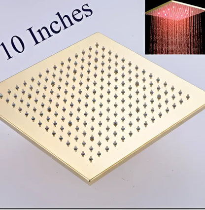 Modern gold led rainfall shower head with 10-inch square diamond-patterned surface and integrated led lighting by decorbites gold led