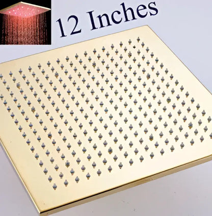 Modern gold led rainfall shower head with diamond perforations and inset led light panel by decorbites gold led