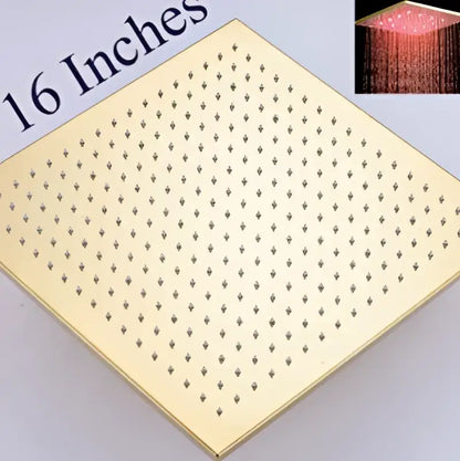 Modern gold led rainfall shower head 16 inch square with gold-colored small diamond-shaped holes by decorbites gold led
