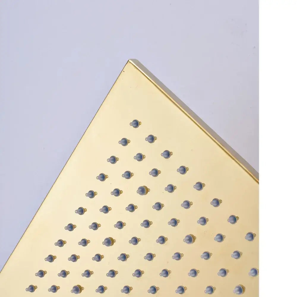 Modern gold led rainfall shower head with gold-colored triangular design and evenly spaced rounded nozzles decorbites gold led