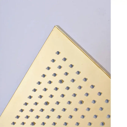 Modern gold led rainfall shower head with gold-colored triangular design and evenly spaced rounded nozzles decorbites gold led