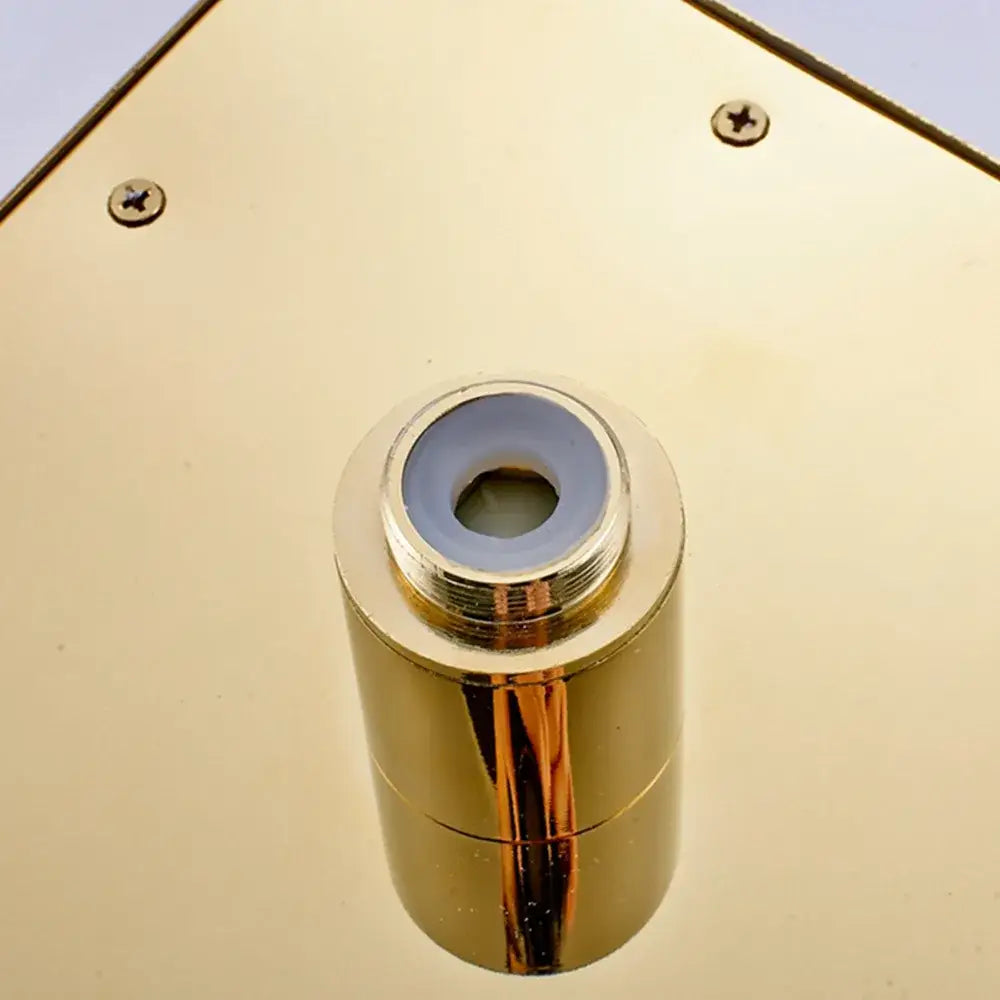 Gold-colored cylindrical connector with threaded metallic top and light blue gasket for decorbites gold led rainfall shower head