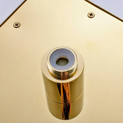 Gold-colored cylindrical connector with threaded metallic top and light blue gasket for decorbites gold led rainfall shower head