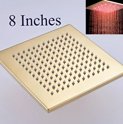 Modern gold led rainfall shower head with 8-inch square grid nozzles and integrated led lighting decorbites gold led