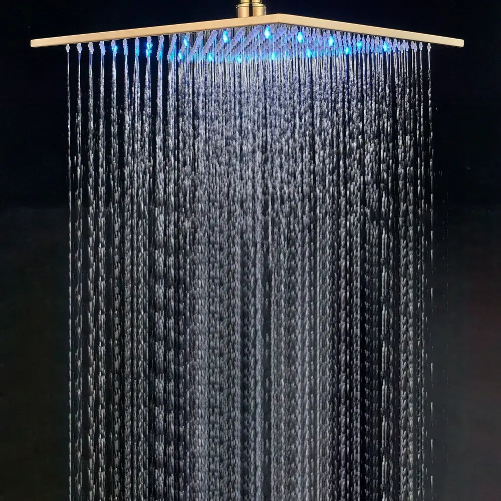 Modern gold led rainfall shower head square brass finished rain showerhead with integrated blue led lighting decorbites gold led