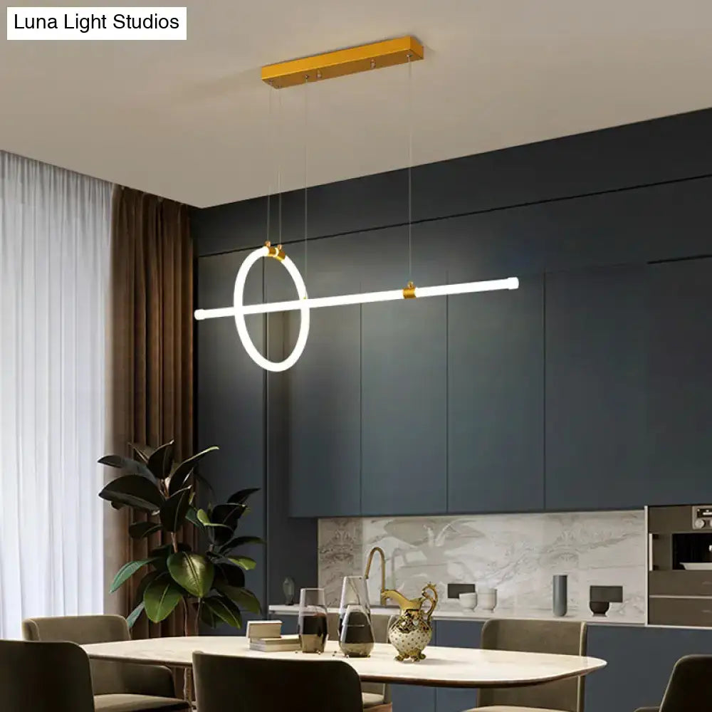 Decorbites gold LED hanging lamp with white illuminated ring and bar, gold fixtures for dining room lighting